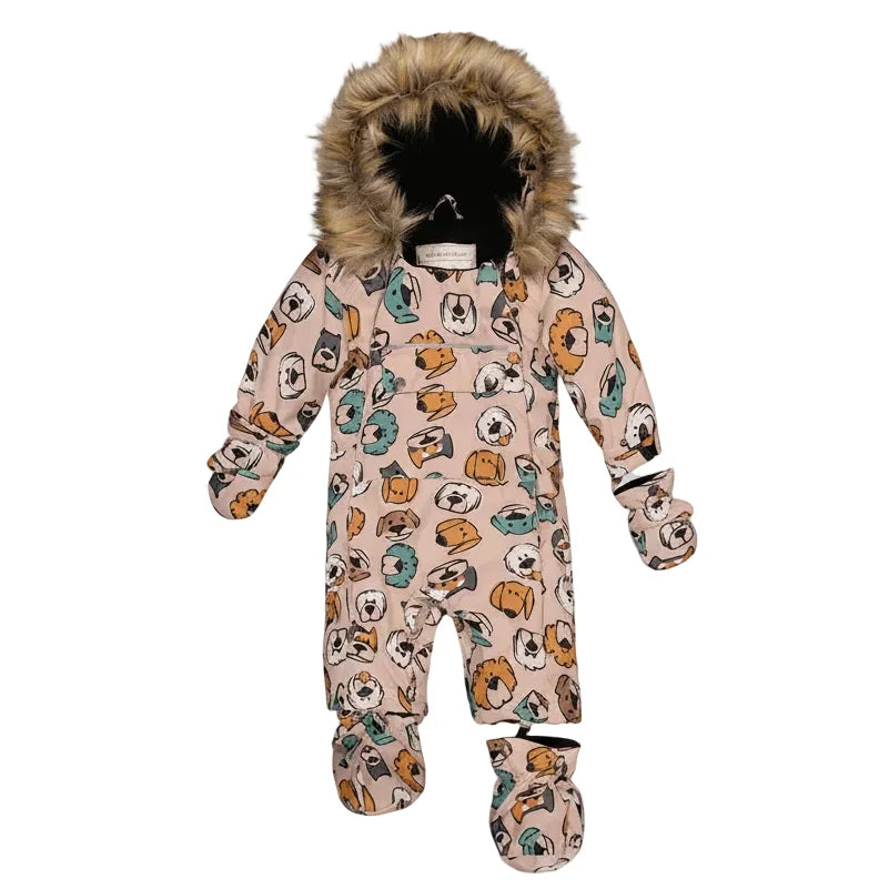 Deux Par Deux Baby One Piece Snowsuit Adapted For Car Seats Beige Dog Print - Online Exclusive