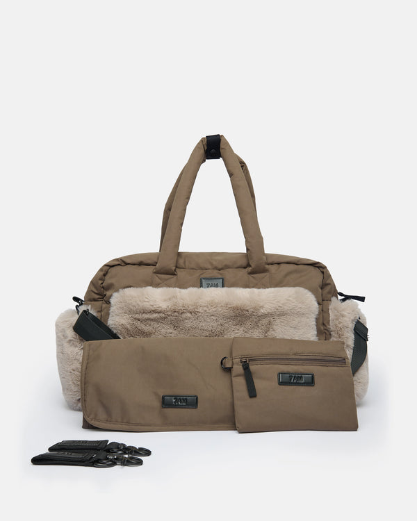 7AM Moss Brown Appliqué Faux Fur SOHO DIAPER CARRYALL • HELSINKI APPLIQUÉ - Online Exclusive