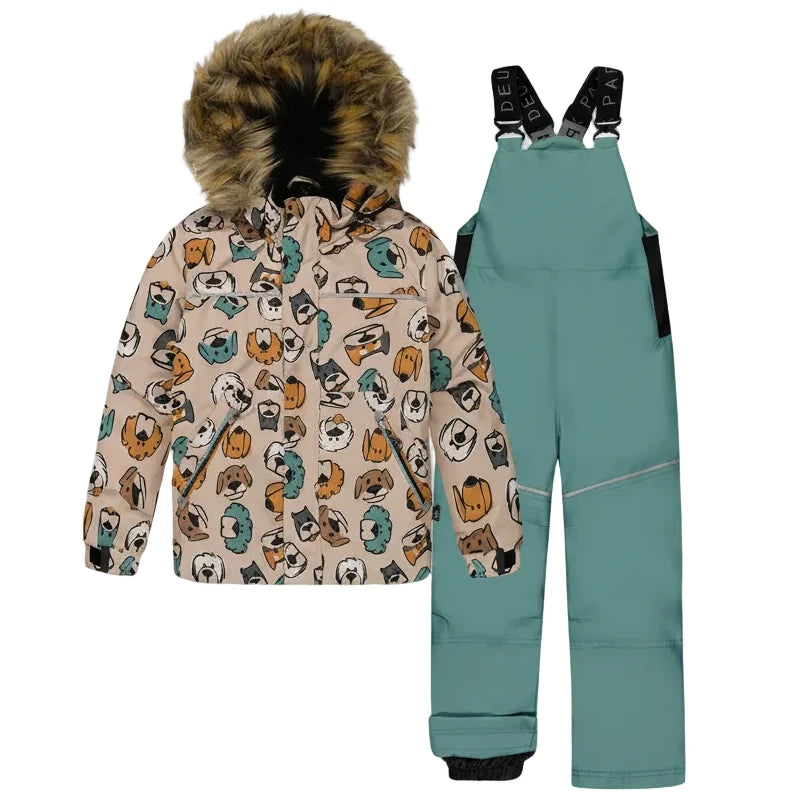Deux Par Deux Two Piece Discover Snowsuit Beige Printed With Dogs - Online Exclusive