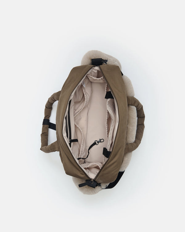 7AM Moss Brown Appliqué Faux Fur SOHO DIAPER CARRYALL • HELSINKI APPLIQUÉ - Online Exclusive