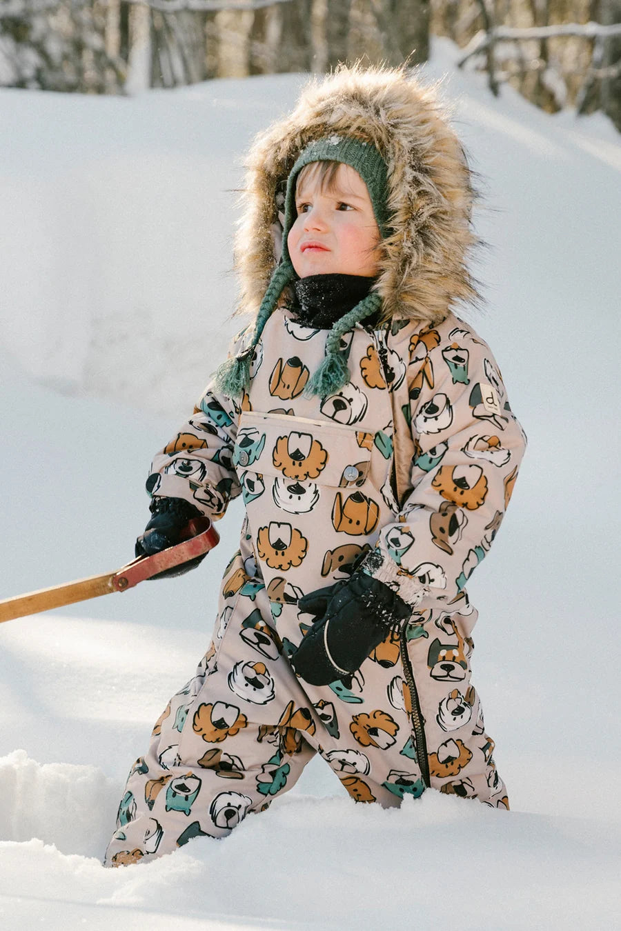 Deux Par Deux Baby One Piece Snowsuit Adapted For Car Seats Beige Dog Print - Online Exclusive