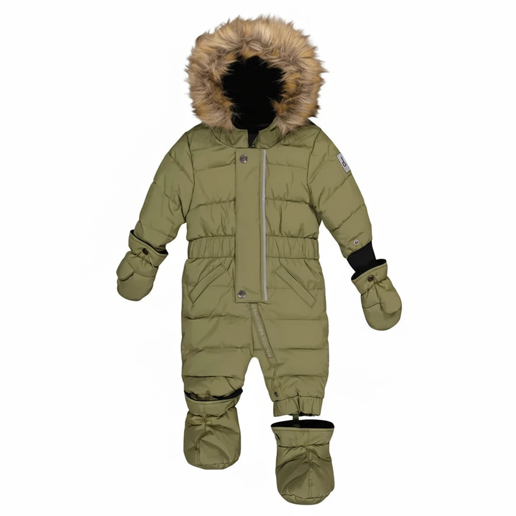 Deux Par Deux Baby Original One Piece Puffy Snowsuit With Removable Mittens And Boots Olive Green - Online Exclusive