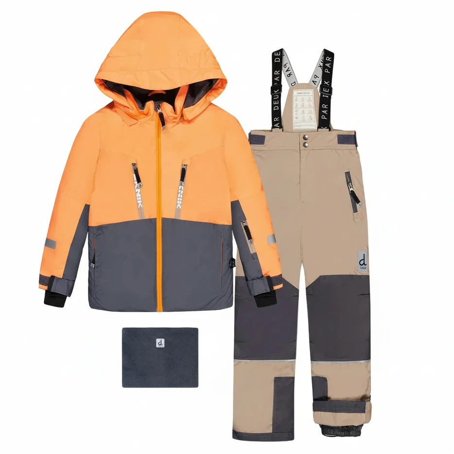 Deux Par Deux Two Piece Teknik Snowsuit Bright Orange Grey And Taupe - Online Exclusive