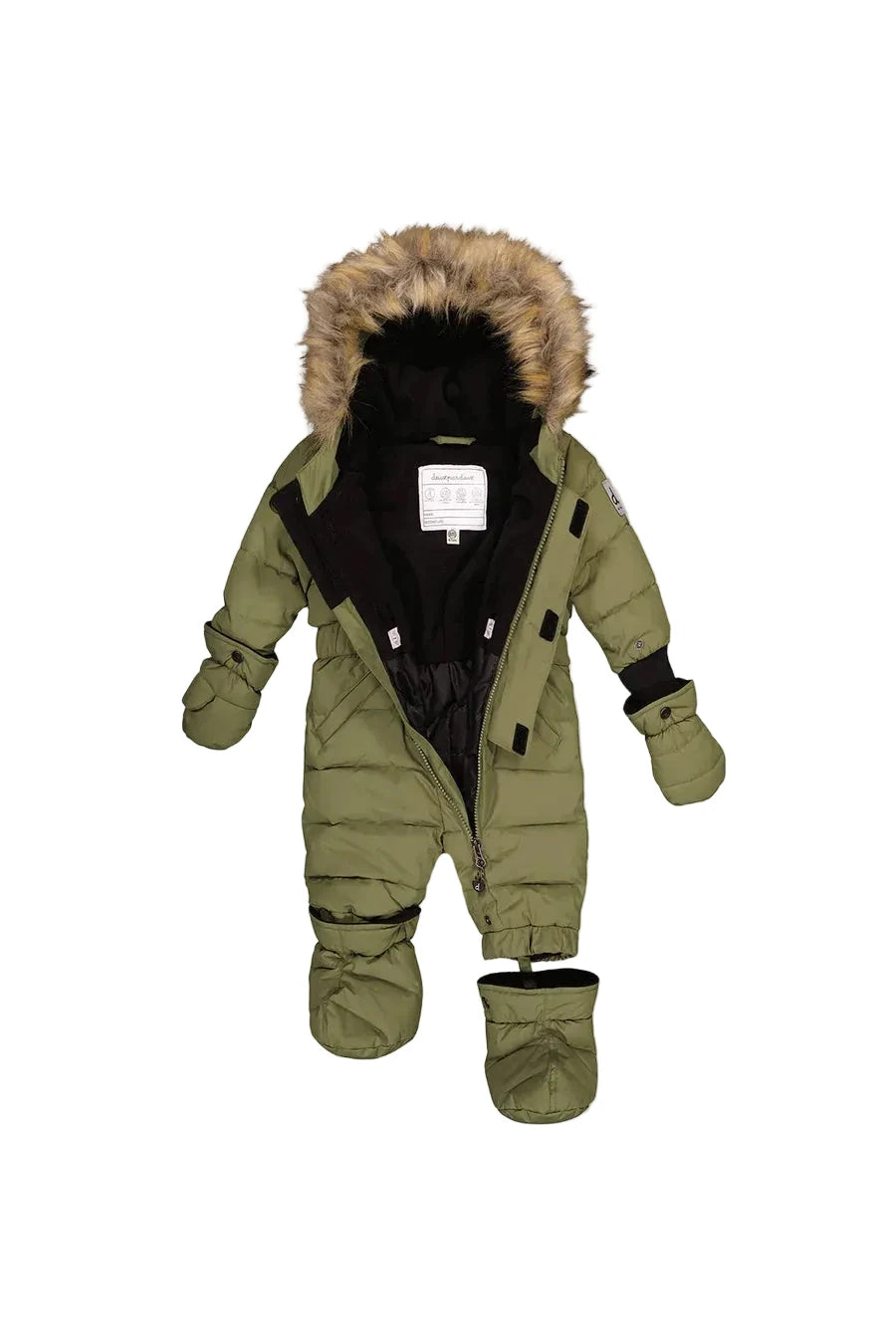 Deux Par Deux Baby Original One Piece Puffy Snowsuit With Removable Mittens And Boots Olive Green - Online Exclusive