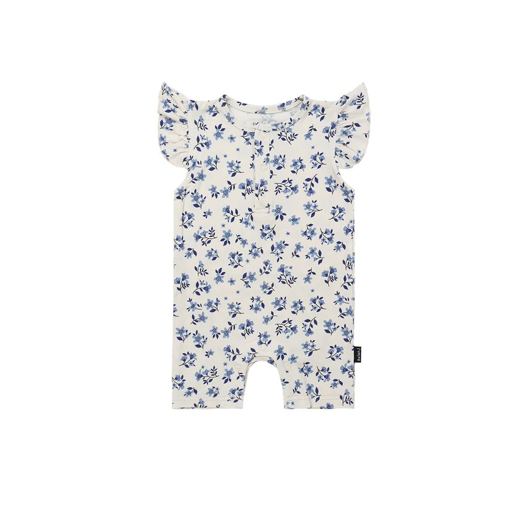 BELAN J BLUEBELL RUFFLED SLEEVE SHORT ROMPER