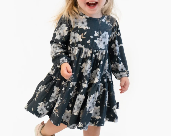 BELAN J DARK FLORAL LONG SLEEVE TIERED DRESS