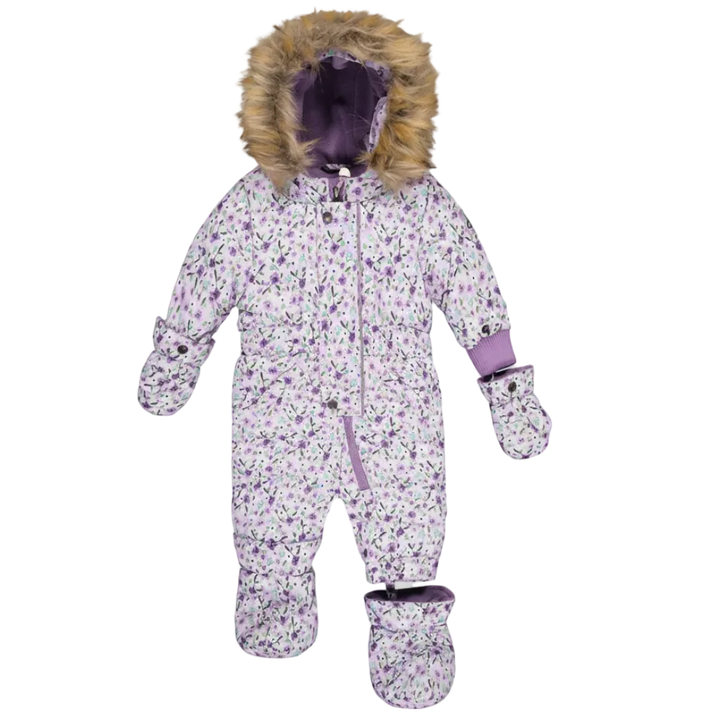 Deux Par Deux One Piece Puffy Snowsuit with Removable Mittens and Boots Purple Printed Mini Flowers - Online Exclusive