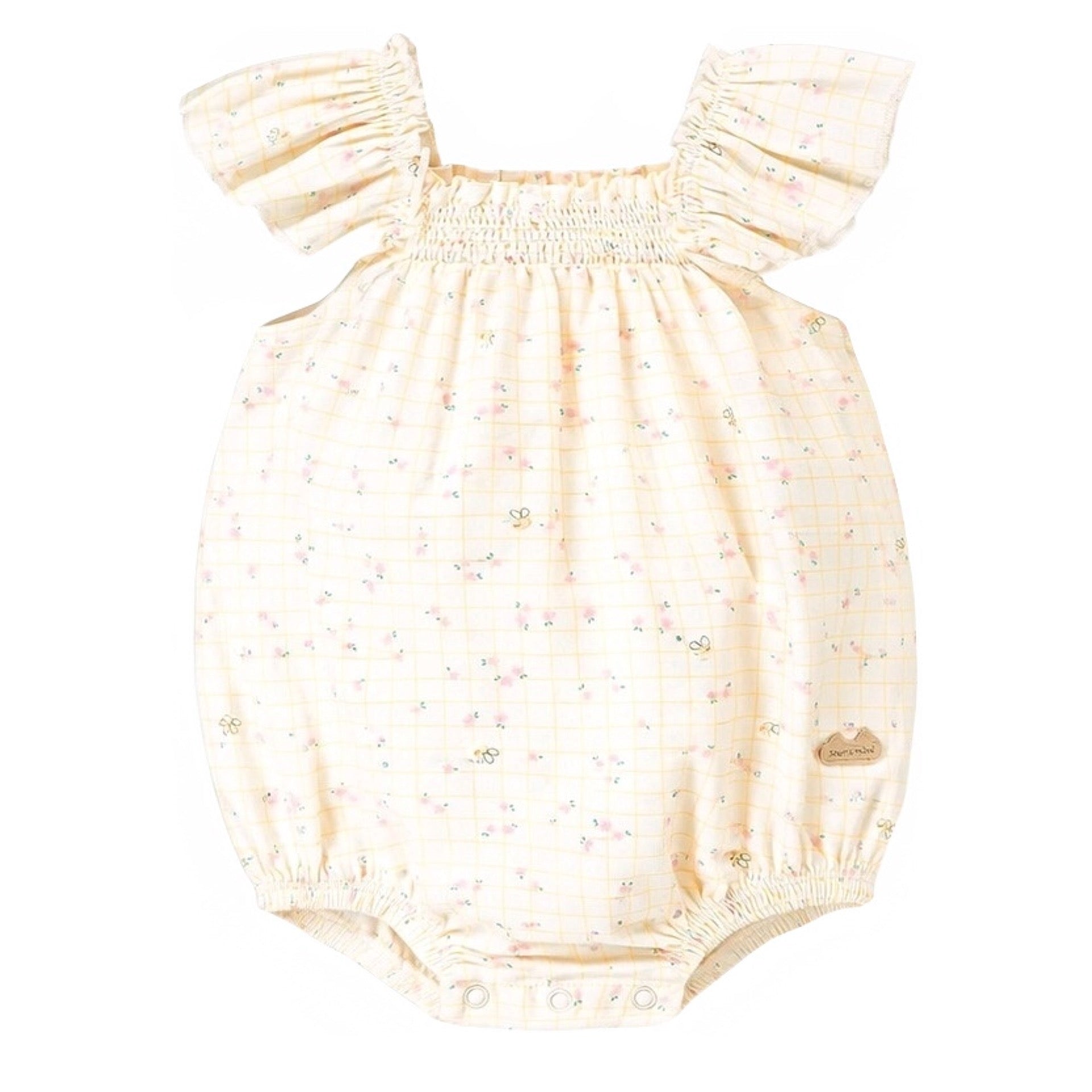 Souris Mini Cream Checkered Romper with Floral Pattern
