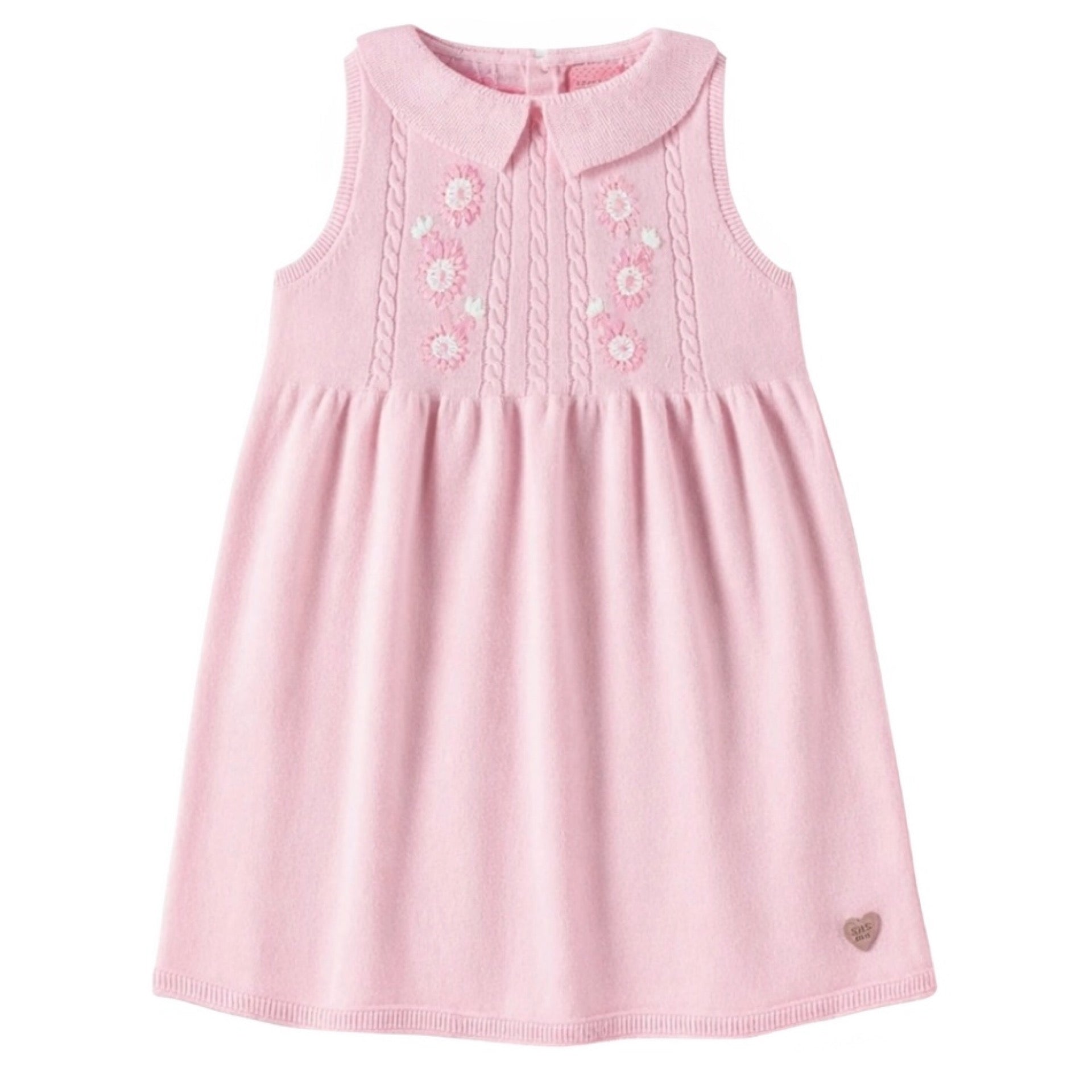 Souris Mini Pink Knit Dress with Floral Embroidery