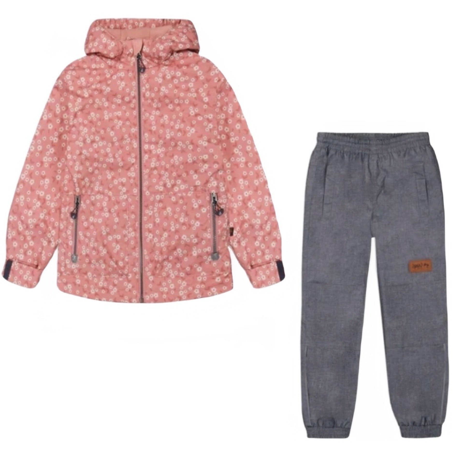 Deux Par Deux Printed Jacket Two-Piece Mid-Season Outerwear Set Small White Flowers On Pale Pink And Gray