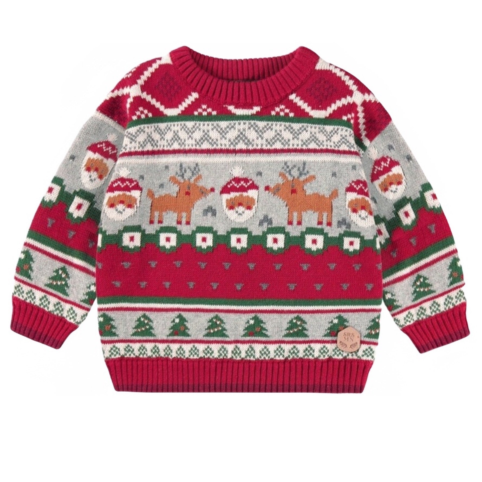 Souris Mini Red Knit Sweater with Festive Patterns - Baby