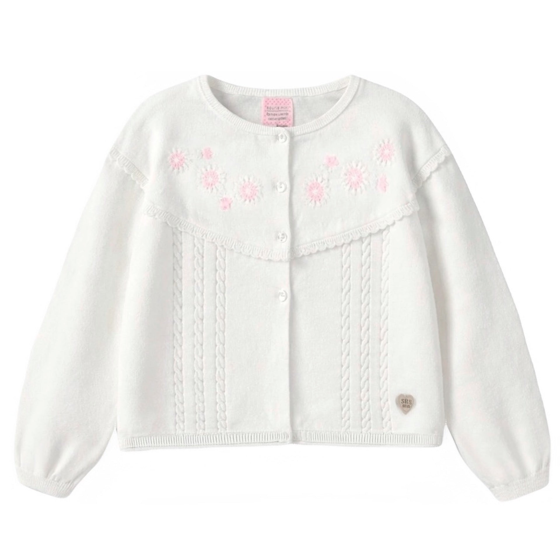 Souris Mini White Knit Cardigan with Flower Embroidery