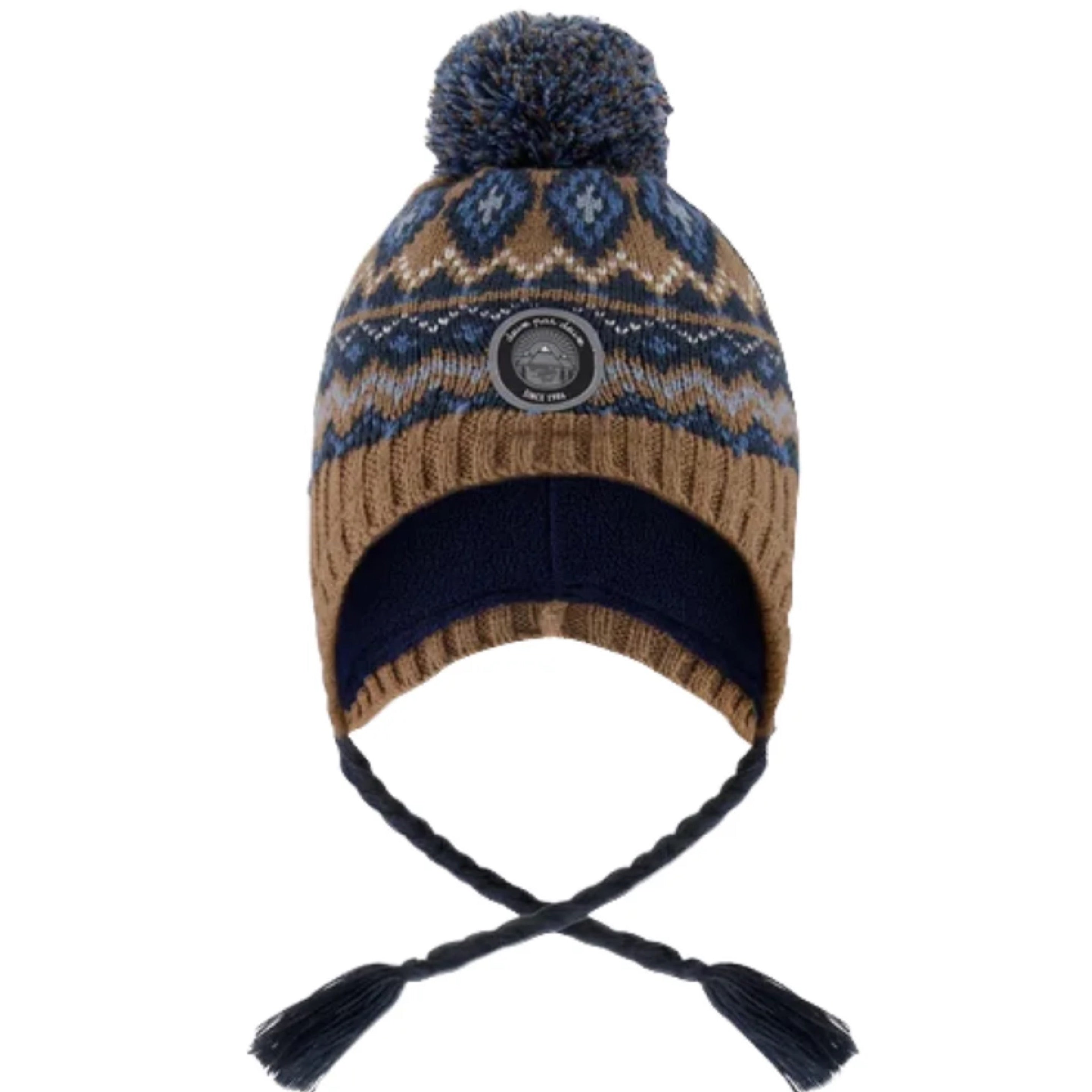 Deux Par Deux Lined Peruvian Knit Pompom Hat Taupe And Navy