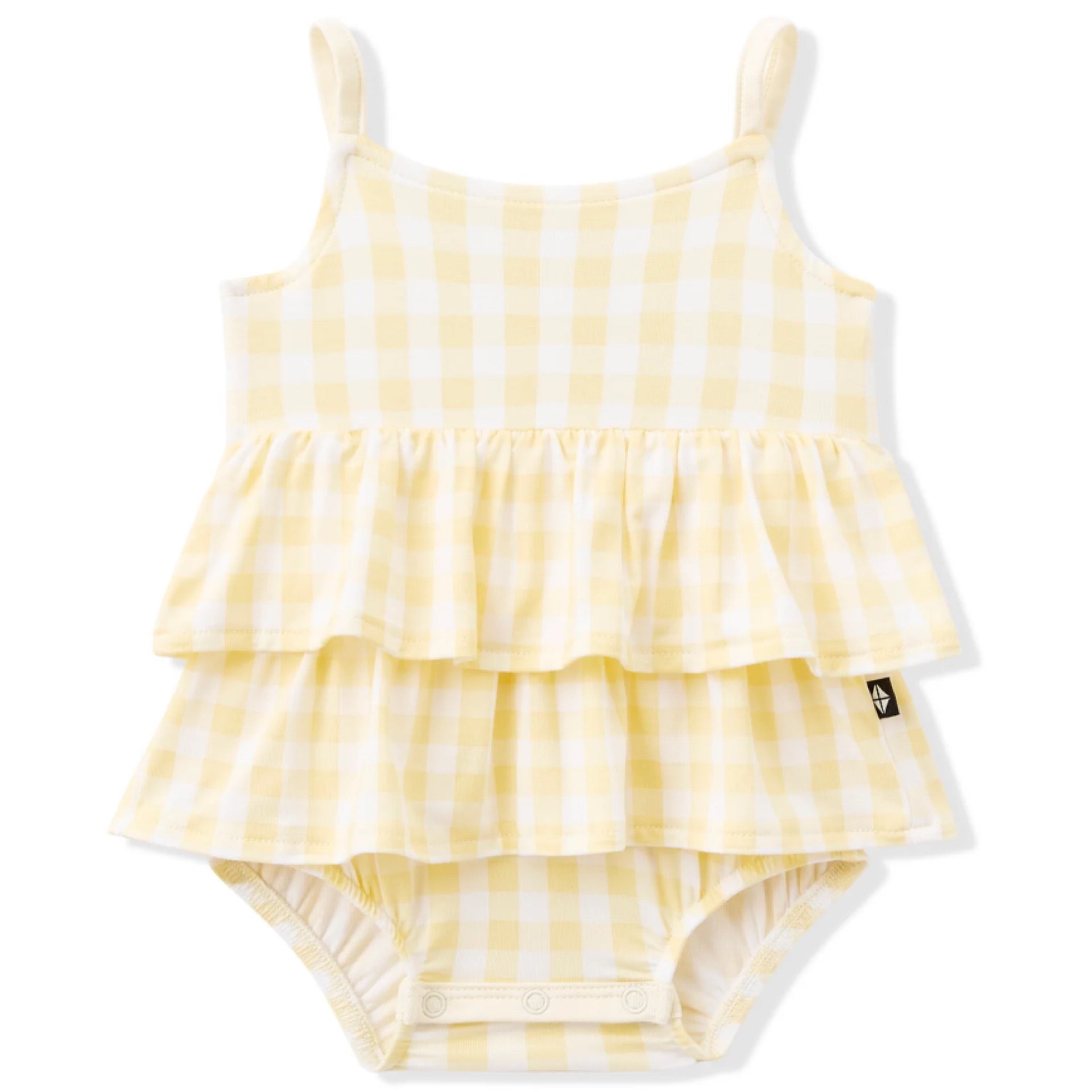 Kyte Baby Gingham Chamomile Spaghetti Strap Ruffle Romper