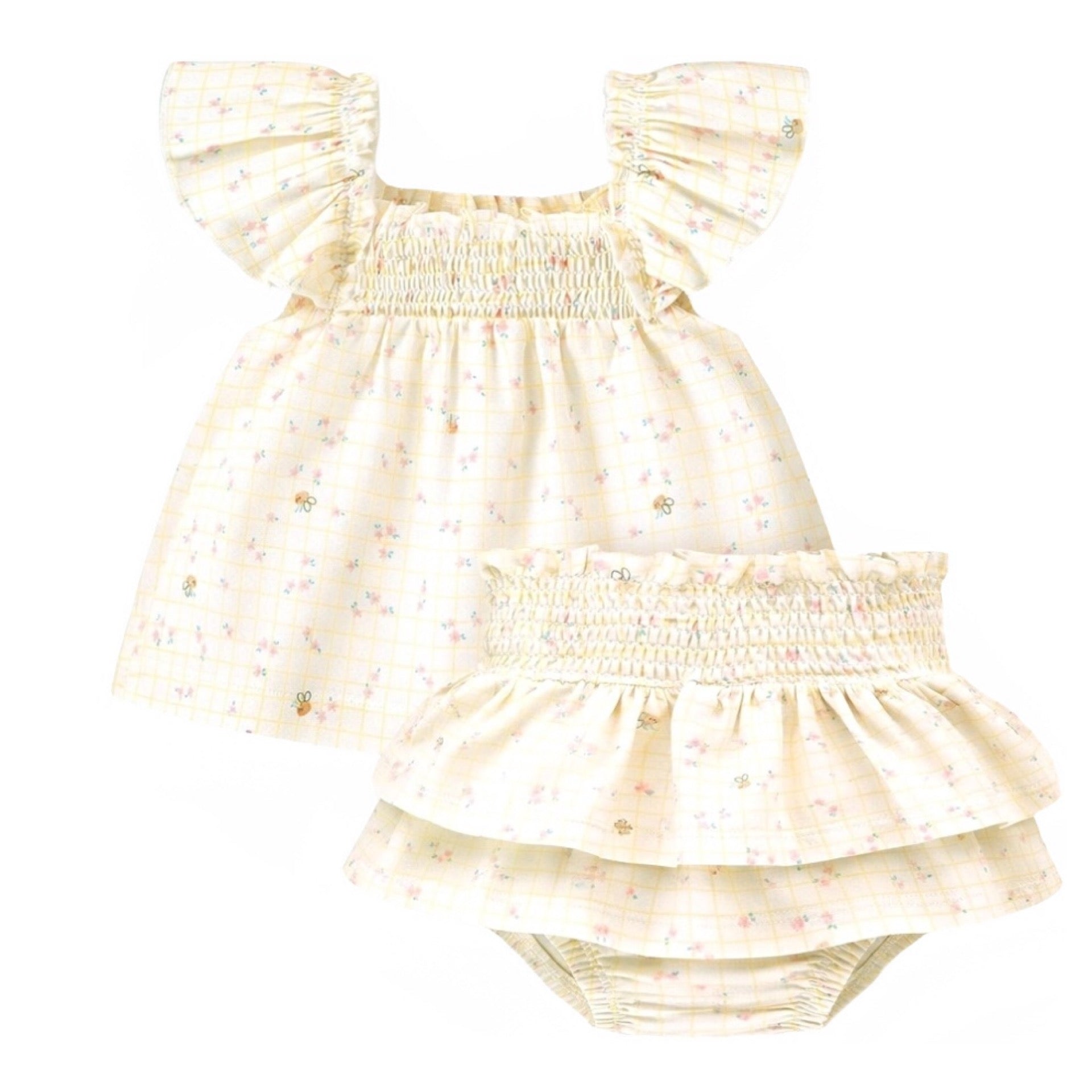 Souris Mini Cream Checkered Two Piece with Floral Pattern